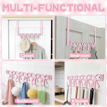 Yitexin 2 Way Mounting, Wall Mount or Over the Door Hooks, Cute Pink Bow Door Rack Hanger for Hanging, Heavy Duty Towel Rack with 5 Hook for Hats Purses Coats Clothes Bathroom Organizer (Pink)