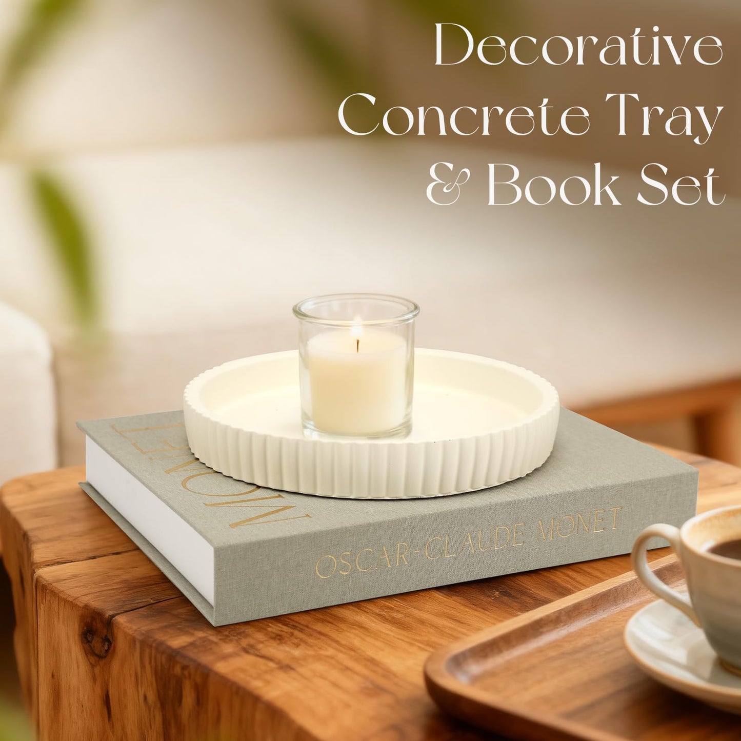 Decorative Concrete Tray & Book Set - Modern Scalloped Home Decor Tray & Linen Storage Box for Coffee Table, Bookshelf, Entryway, Console, Living Room, Housewarming Gift (White)