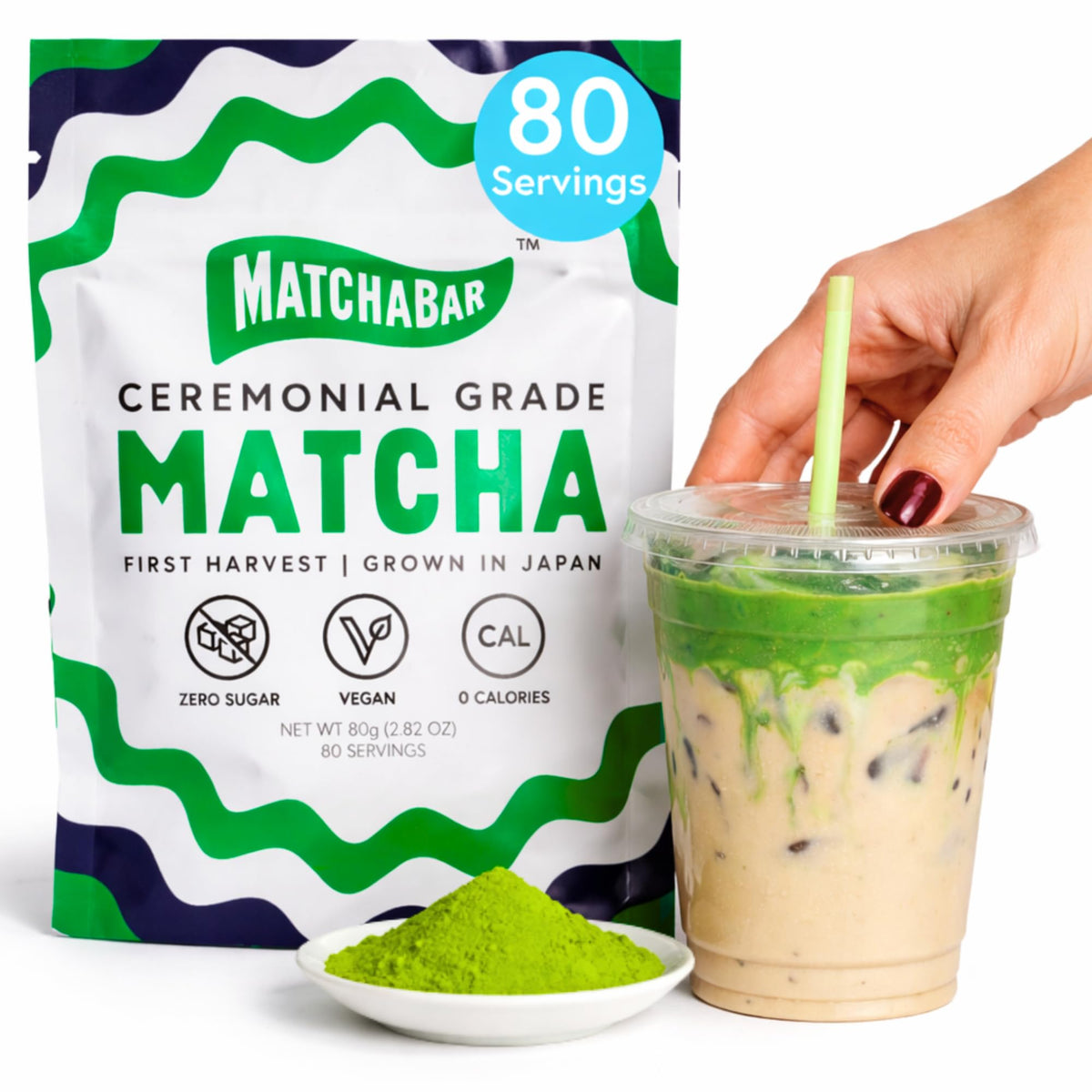 Matchabar Matcha Powder (80g) - Ceremonial Grade Authentic Japanese Matcha Green Tea Powder - Matcha Green Tea Powder Harvested in Japan - Matcha Tea Powder Latte - Zero Sugar, Vegan & 0 Calories