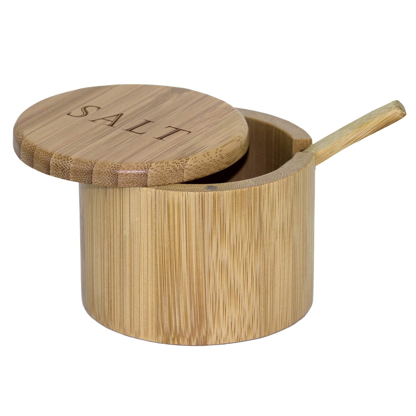 Totally Bamboo Salt Cellar Bamboo Storage Box with Magnetic Swivel Lid, 6 Ounce Capacity, Engraving on Lid, Includes Salt Spoon