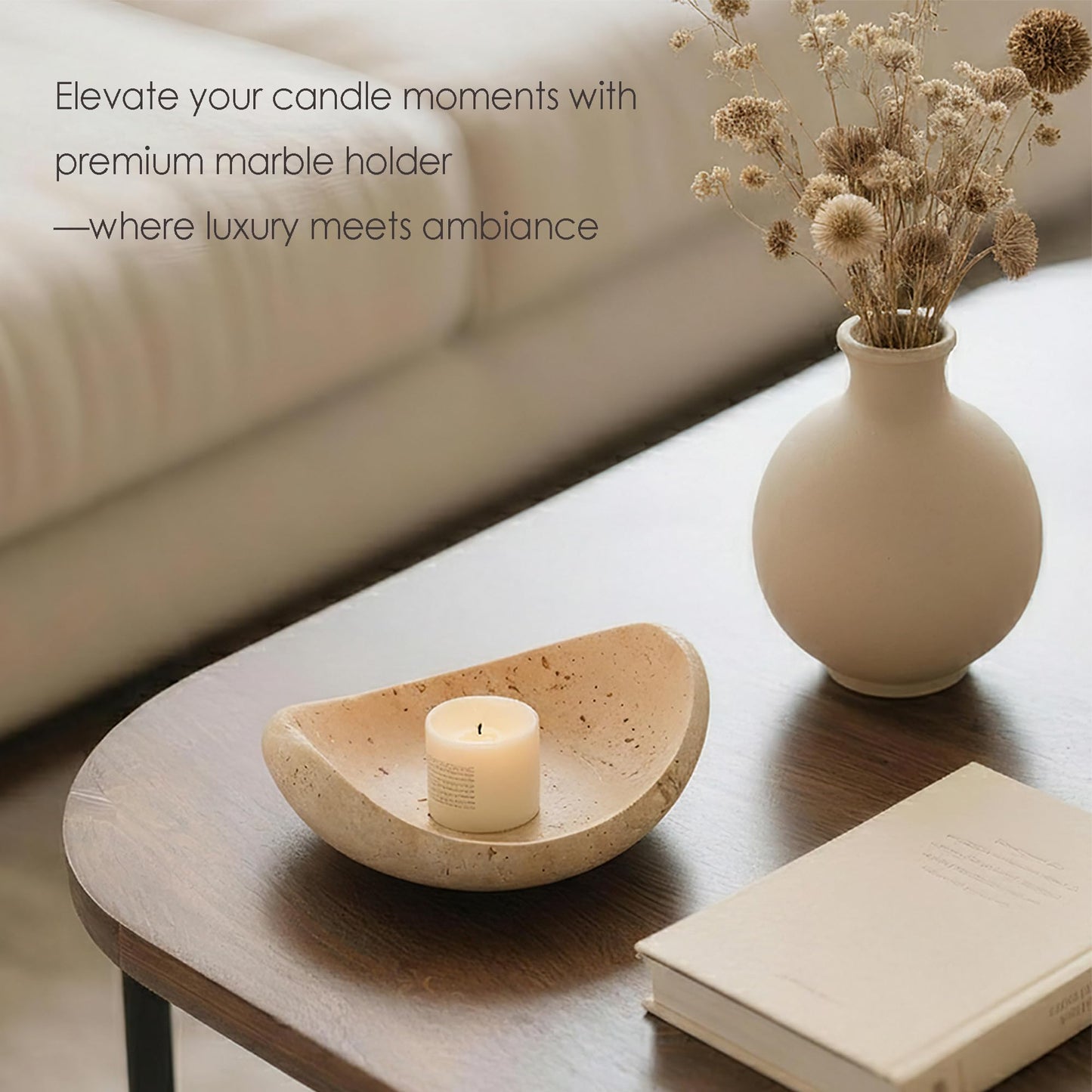 WORHE Candle Holders Italy Premium Natural Travertine Stone Candlestick Holder for Jar Pillar Candles Boat-Shaped Marble Jewelry Tray Centerpiece for Wedding Dining Table Home Decor Beige (WH093)