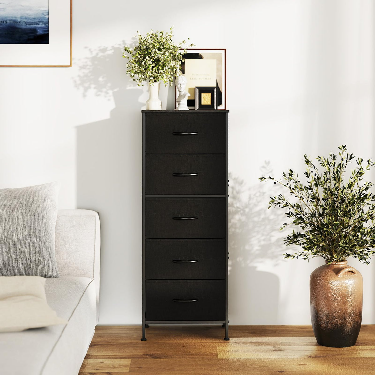 OLIXIS Tall Dresser for Bedroom, Black Fabric 5 Drawer Dressers for Closet, Storage Organizer with Removable Bins, Chest of Drawers with Sturdy Steel Frame, Living Room, Entryway