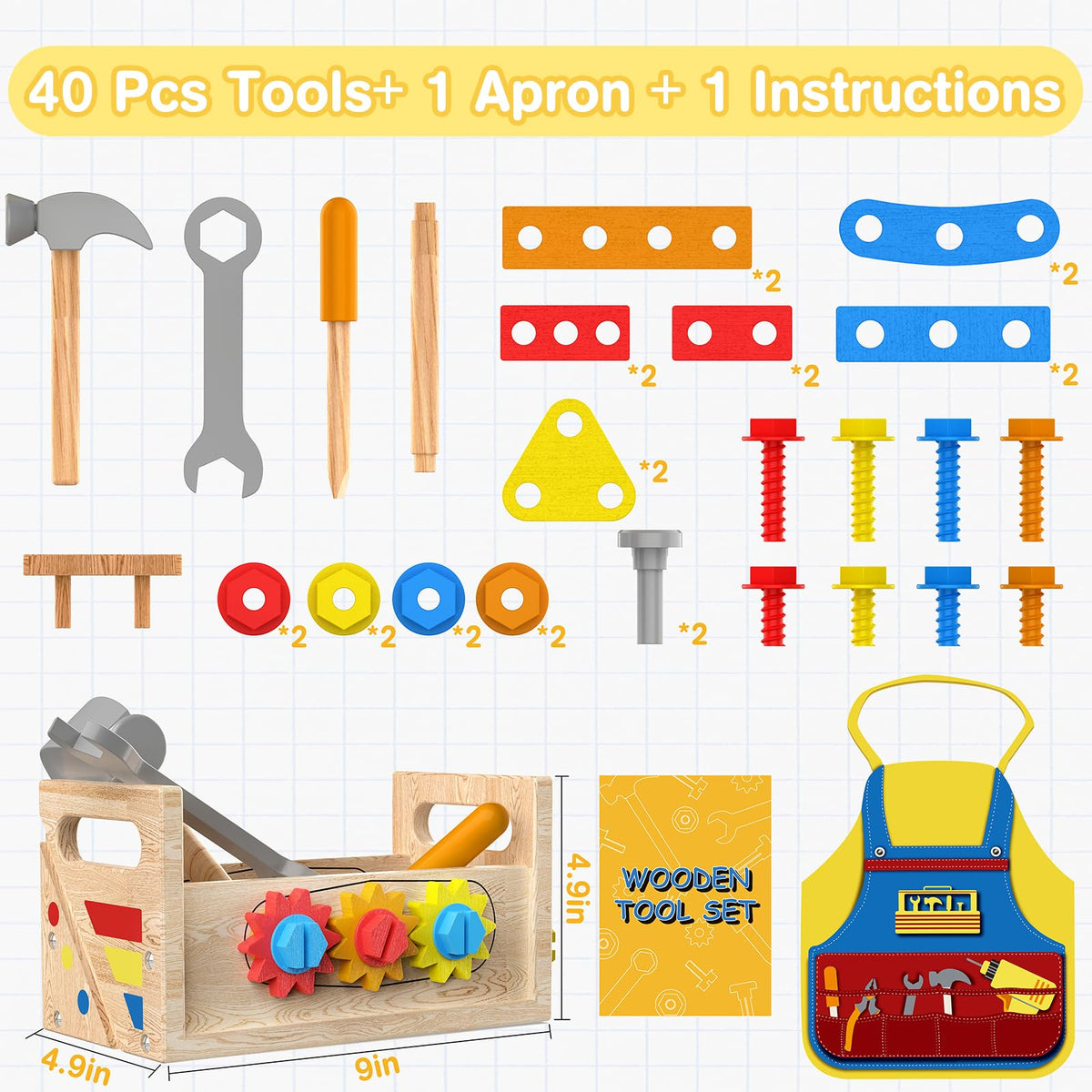 Montessori Toys for 2 Year Old Boy - Wooden Kids Tool Set with Apron