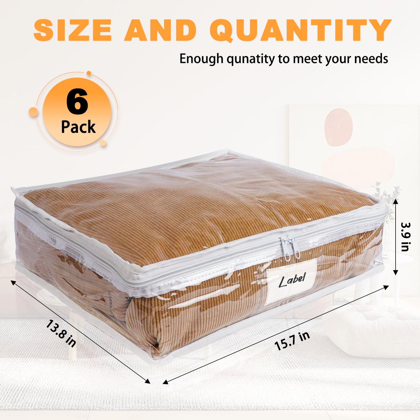 Heonay Clear Zippered Storage Bags Plastic Sweater Storage Bags with Zipper 6 Packs Clothing Organizer for Blankets Linen Sweater Bed Sheet Quilt Clothes Pillow (15.7 x 13.8 x 3.9 Inch, White)