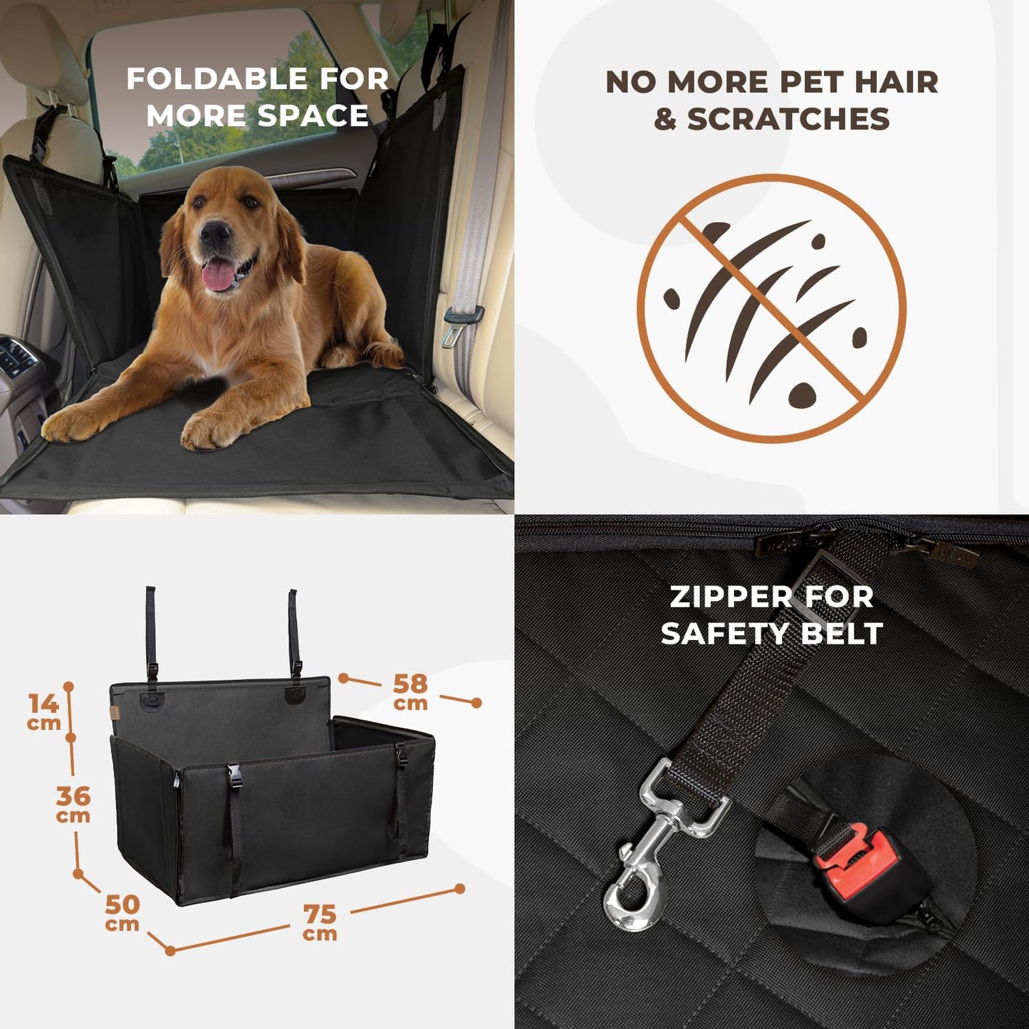 Extra Stable Dog Car Seat - Reinforced, Waterproof Pet Car Seat for Medium-Sized Dogs with 4 Fastening Straps (L Size, Black)