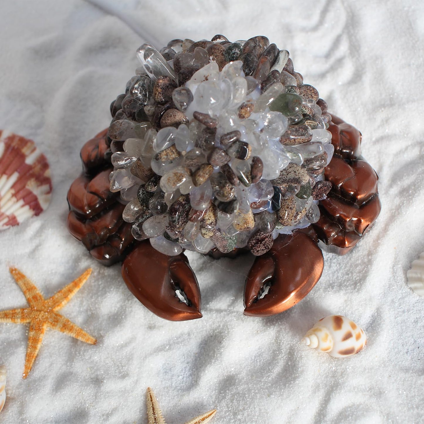 Youhot Handcrafted Green Phantom Quartz Crystal Crab Table Lamp, USB Powered, 3 Light Modes, Bronze Shell Design, Healing Stone Decor for Home & Office