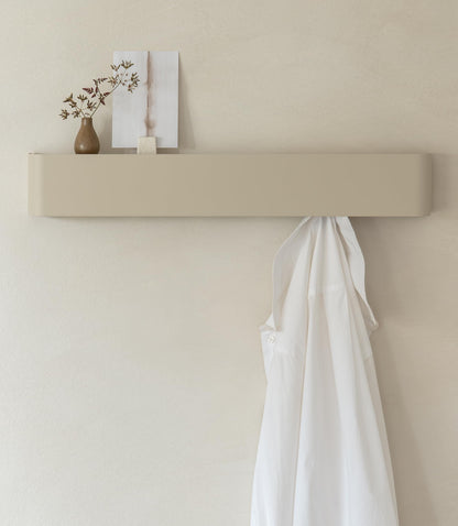 Kazai. Coat Rack Wall Mount with Shelf 'Tone' | Modern Design Coat Hanger with Hidden Hooks and Storage | Hat Rack with Shelf in Metal | Wall-Mounted Purse Organizer | Taupe
