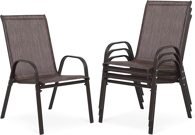 Outdoor Stackable Chairs Set of 4, Stacking Patio Chairs with Textilene Fabric, Outside Furniture for Garden Backyard Balconie Poolside Deck, Brown