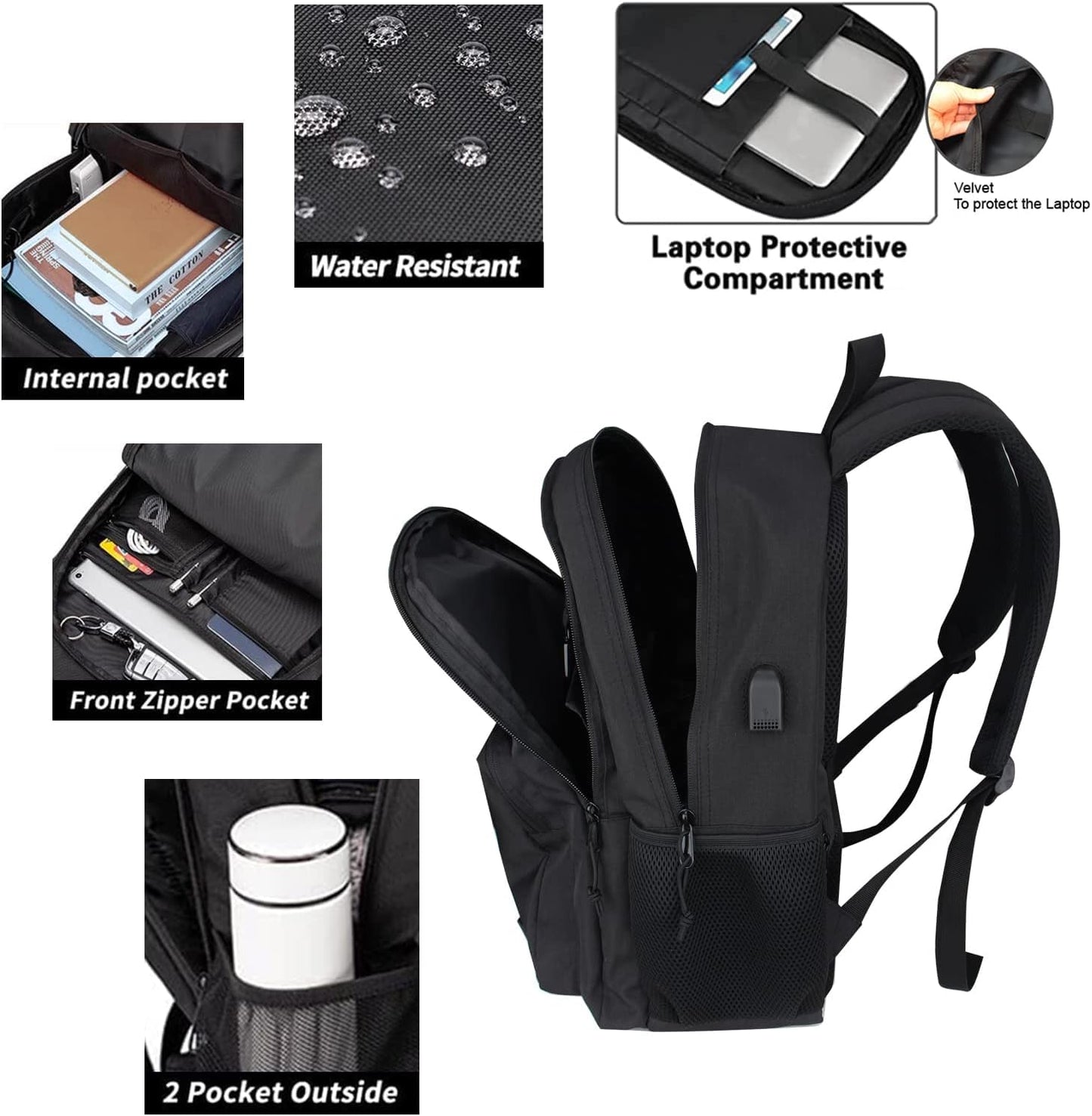 KEOFID Classic Travel backpack for Men and Women, Anti theft Laptop backpack with USB Charging Port for College, Business(Black)