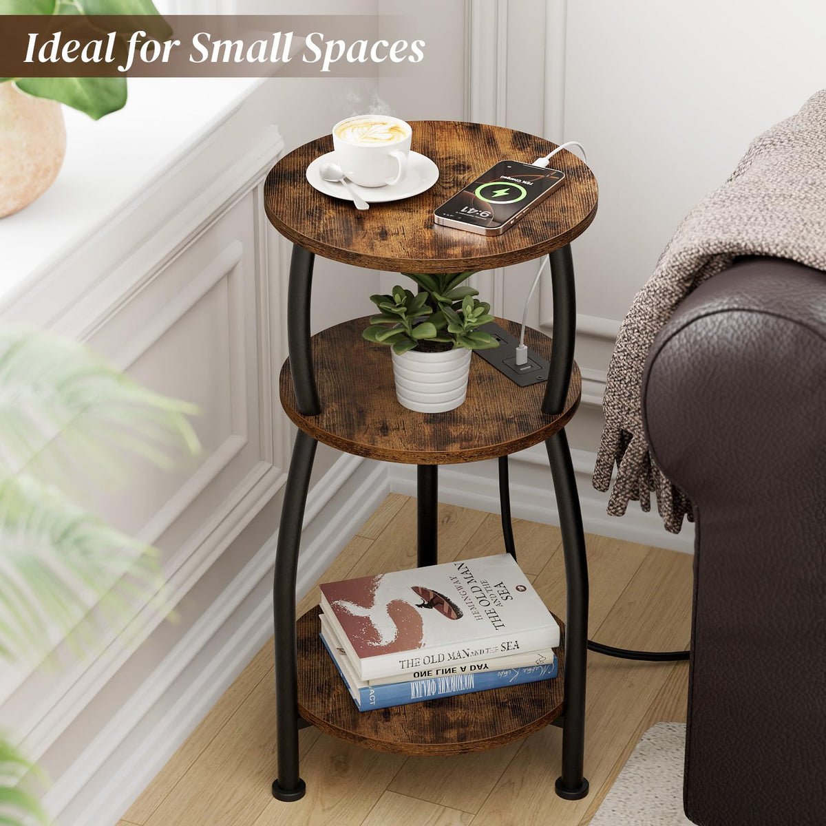 Yuede Round Side Table with Power Outlet & USB Ports, 3-Tier End Table with Storage Shelf, Modern Rustic Nightstand, Small Spaces Accent Table for Living Room Bedroom, Easy Assembly, Rustic Brown