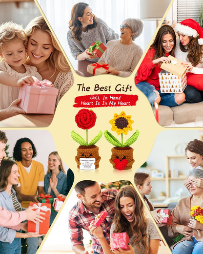 Argefkeen 2pcs Knitted Flowers Sunflower Gifts for Women Handmade Knitted Planters with Card Gifts Birthday Gifts for Women Mom Family Friend Teacher Coworker Xmas Party (2pcs)