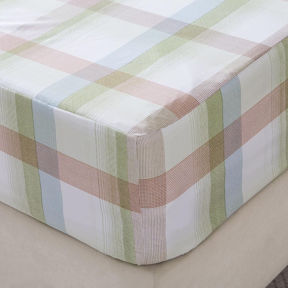 NATURETY Bedding Fitted Sheet with Deep Pocket,Modern Design Light Green Linellae Pattern Printed Fabric Bed Sheets (Green Checkered, Queen)