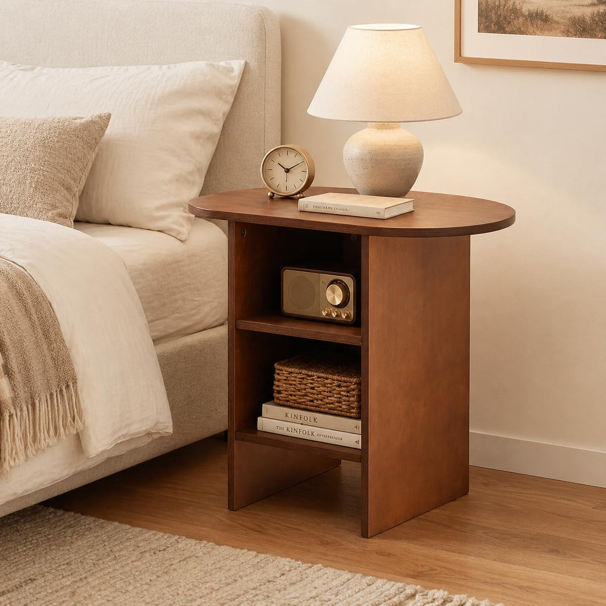 JAYULOR Wooden End Table, Small Side Table with Open Storage, Walnut
