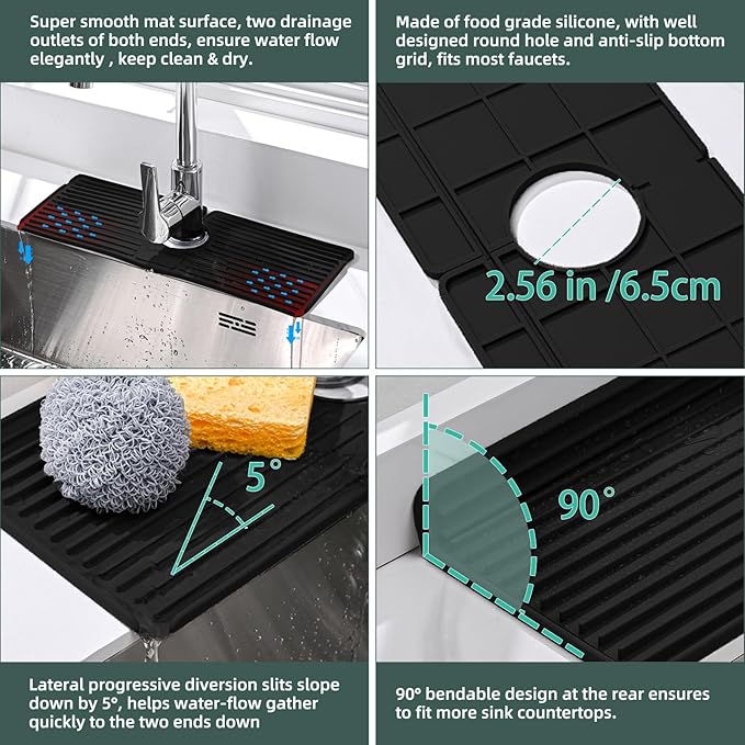 Faucet Mat for Kitchen Sink, Silicone Faucet Handle Drip Catcher Tray, Drying