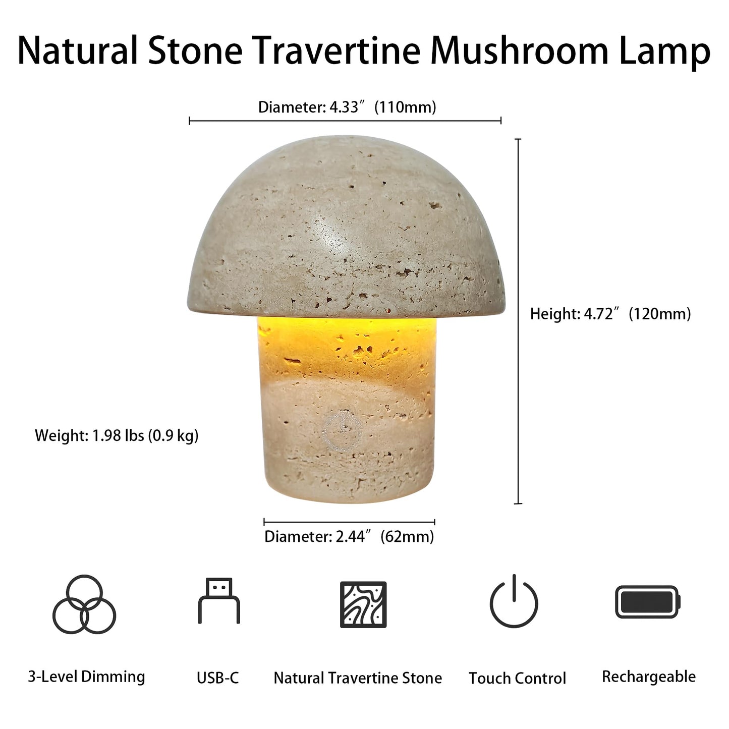 Natural Stone Mushroom Lamp - Handcrafted Travertine Night Light, Rechargeable with Type-C, Dimmable LED Accent Light for Bedroom & Living Room