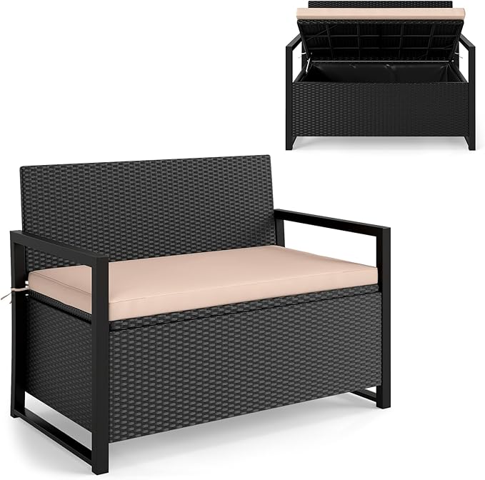 RELAX4LIFE Wicker Outdoor Bench with Storage - Rattan Deck Box w/Protective Liner for Pillows, Pool Supplies, Garden Tools, Patio Loveseat with Seat Cushion & Metal Armrests for Backyard Porch Balcony