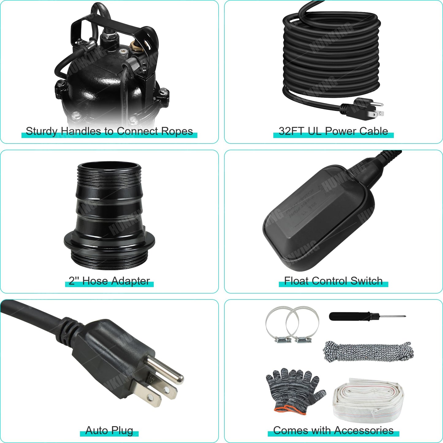 1HP Sewage Grinder Sump Pump, 110V 6400GPH Cast Iron Submersible Effluen Pumps with Auto Float Switch and Adapter for Basement, Sump Basin, Residential Sewage, 2" NPT Discharge