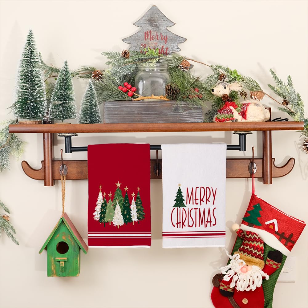 DineDia Merry Christmas Kitchen Towels Set of 2,Red Xmas Tree Dish Hand Towels Holiday Home Indoor Bathroom Party Seasonal Noel Decorations DD025