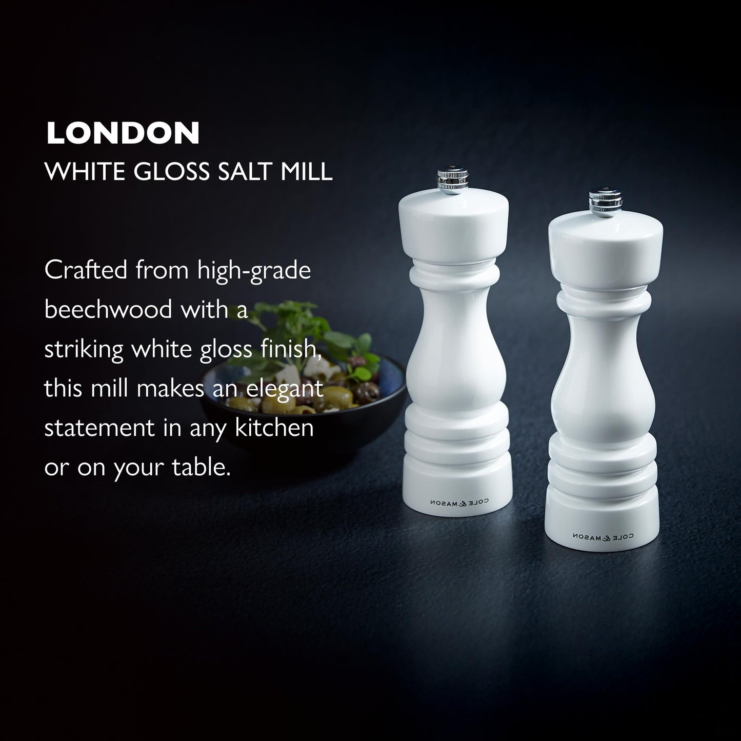Cole & Mason London Refillable Spice Mill - Kitchen & Home Accessory - Table Salt Grinder - Salt Mill with Ceramic Mechanism - 7", White Gloss