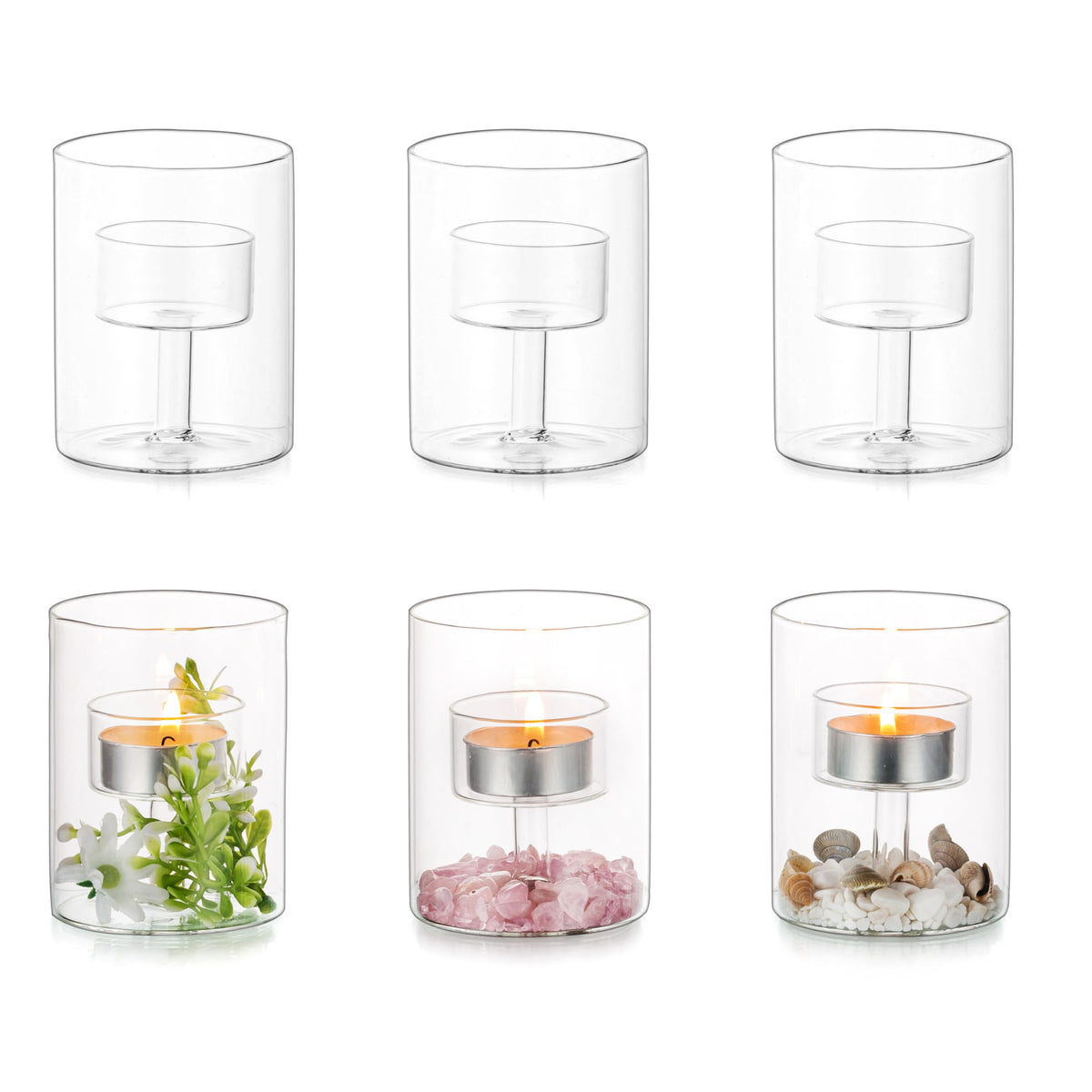 Glasseam Glass Tealight Candle Holder: Small Hurricane Cylinder Votive Holder Set of 6 Modern Table Centerpiece Wedding Christmas Party Decorations, 3.15