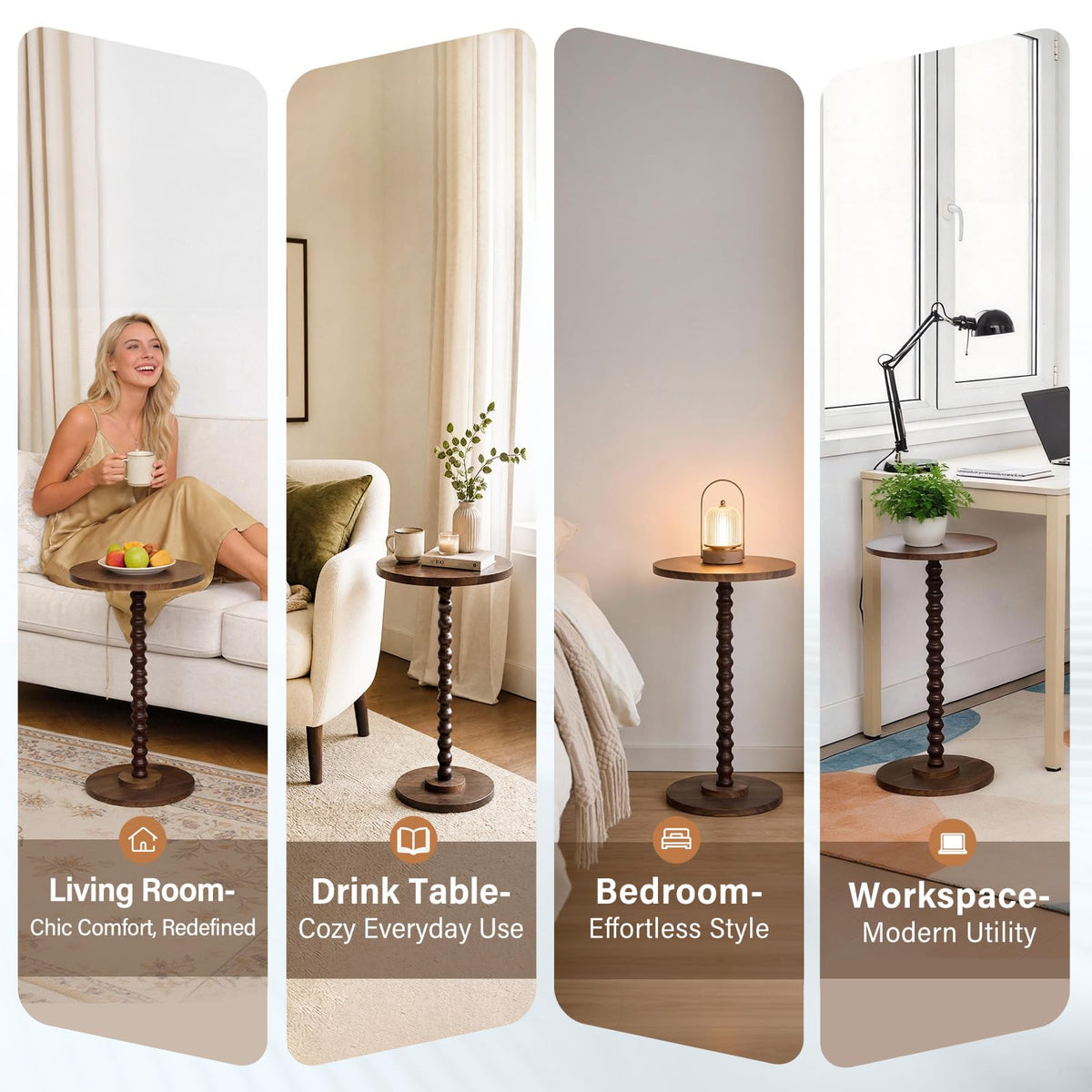 Round Side Table, Walnut Martini Drink Table for Small Spaces, Modern Pedestal Accent Tables with Wooden Leg, Small Round End Tables for Living Room, Bedroom, Balcony, Sofa Couch