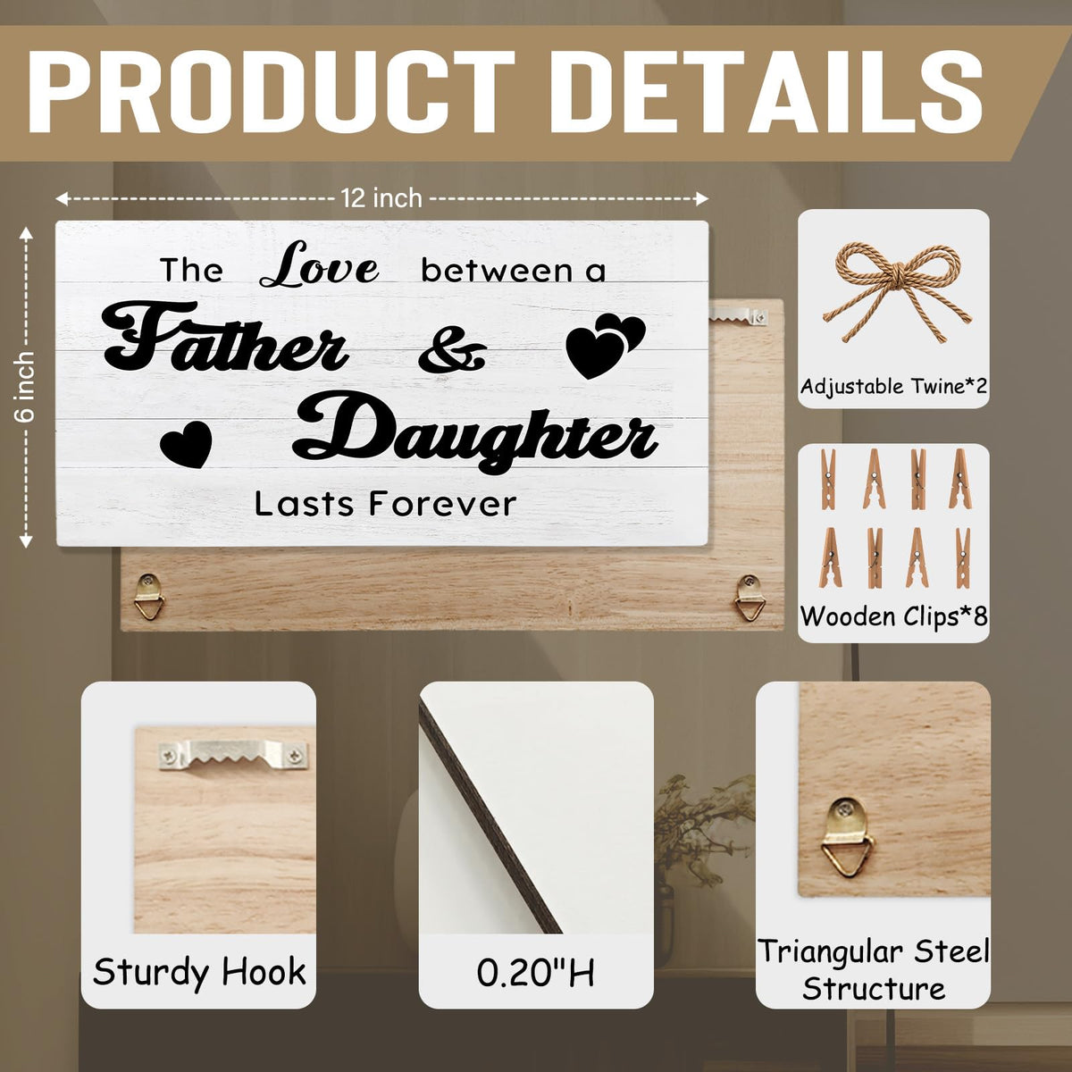 shiviody Dad and Daughter Picture Frame Photo Holder for Wall, Dad Daughter Gifts, the Love Between Father and Daughters Lasts Forever Photo Hanging Display Picture Board for Wall Decor