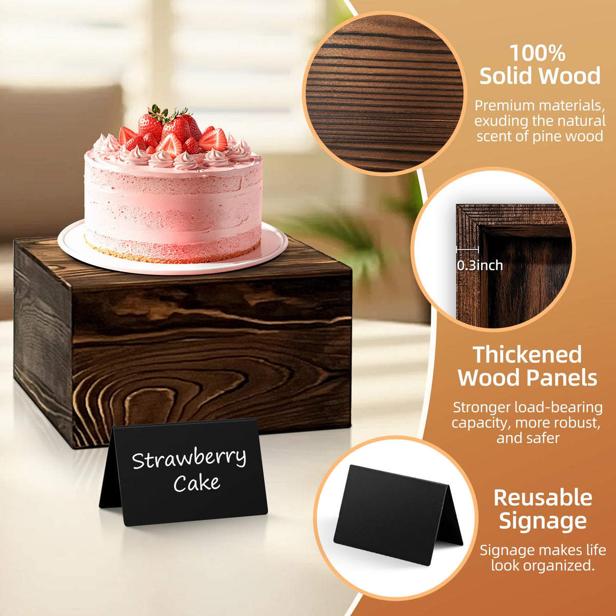 SPVIKISGO 6 Pcs Buffet Risers and stands with Food Signs, Food Risers for Buffet Table, Rustic Wood Cake Stand, Wood Risers Display Stands for Decor, Party, Birthday, Wedding, Baby Shower