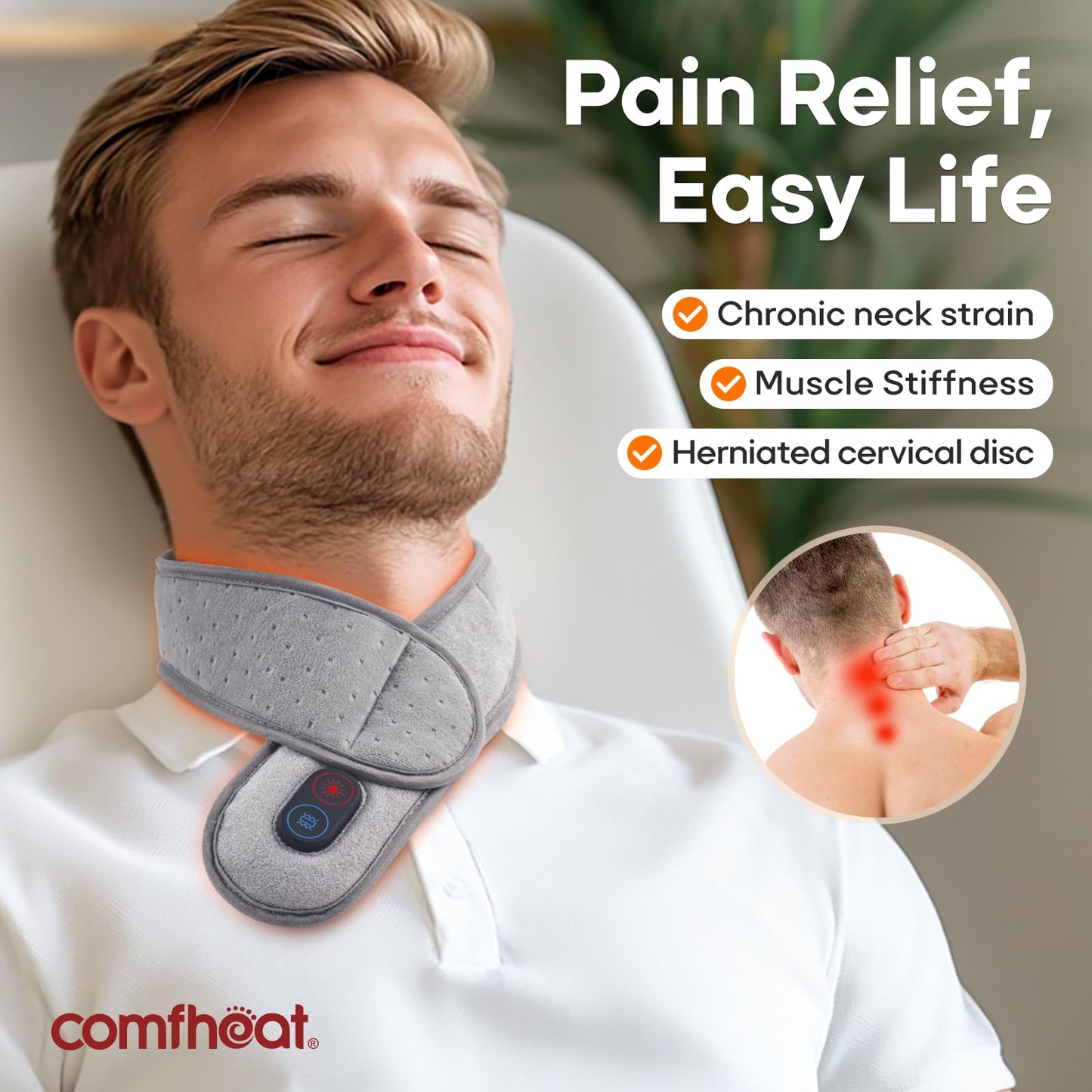 Portable Neck Heating Pad with Vibration Massage for Pain Relief, Rechargeable Heated Neck Wrap for Soreness Stiffness, 3 Heat Levels & Vibrations, Auto-Off, 3000mAh Battery Included