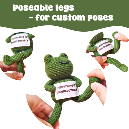 LUDEONA Inspirational Frog Desk Decor - Everything is Figureoutable Emotional Support Frog, Funny Coworker Gift for Women Men, Crochet Frog Plush with Mini Chair & Umbrella, Office Relaxation Gift