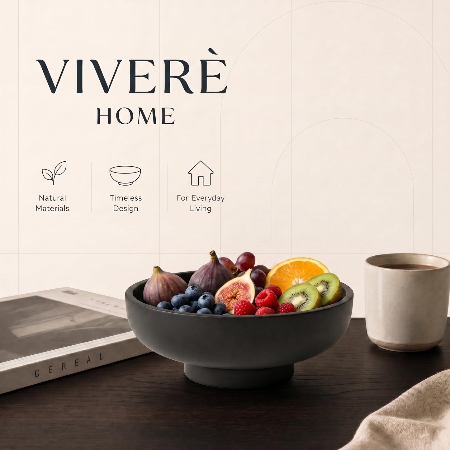 12" Concrete Extra Large Fruit bowl for Kitchen Counter, Coffee Table Decor, Decorative Key Bowl, Home Décor Accents, Kitchen Counter Decor Black