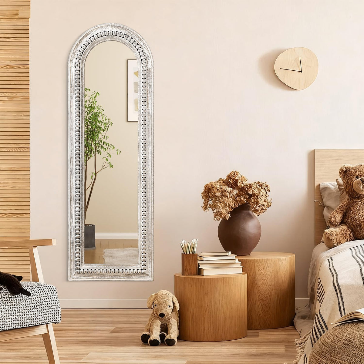 MWAZZLL Wall Mirror Full Length with Beaded Framed Arch Rustic Wood Floor Mirrors Decrorative Large 47"x16" for Bedroom Bathroom Living Room Entryway Dressing Room White