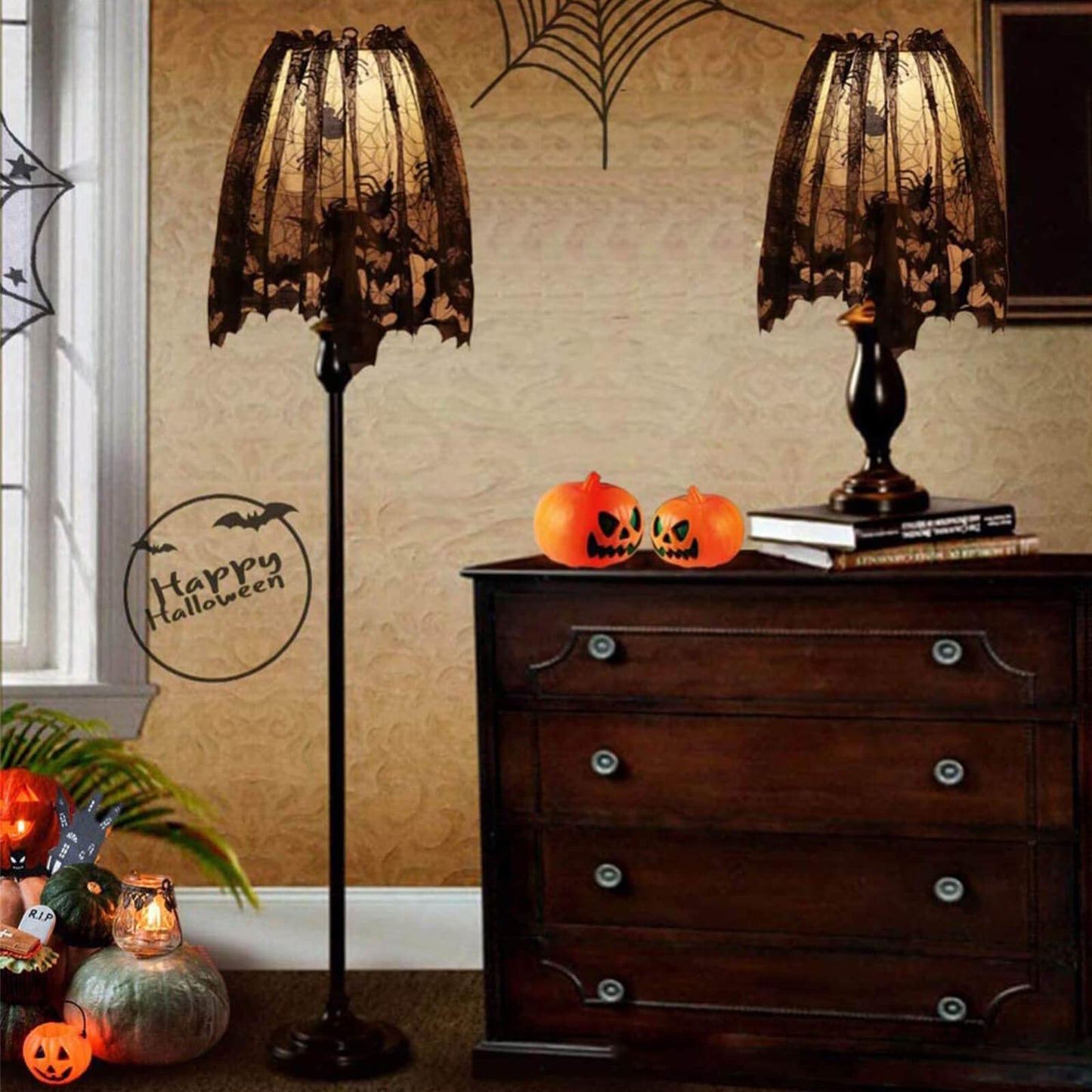 Orgrimmar 2 PCS Halloween Spider Web Lamp Shades Topper Lace Cobweb Window Door Fireplace Mantle Scarf Cover with 2 PCS Ribbon for Halloween Themed Party Decoration, 20" x 60"