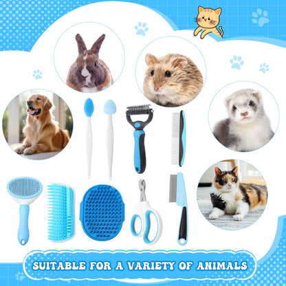 Teenyyou Cats Grooming Kit - 10 Pcs Pet Self Cleaning Kit for Indoor Long Hair Cats Include Brush Bath Brush Needle Comb Toothbrush Nail Clipper Nail Trimmer for Shedding Supplies