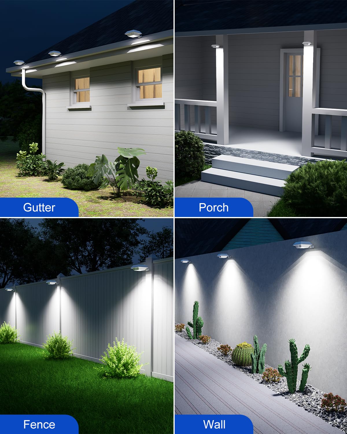 4 Pack White Solar Powered Gutter Lights Outdoor Decorative Waterproof 12 LEDs Yard Lamp for Lighting Fence, Railing, Outside Wall, Deck, Garden, Path, Backyard, Walkway, Patio, Holeless Installation