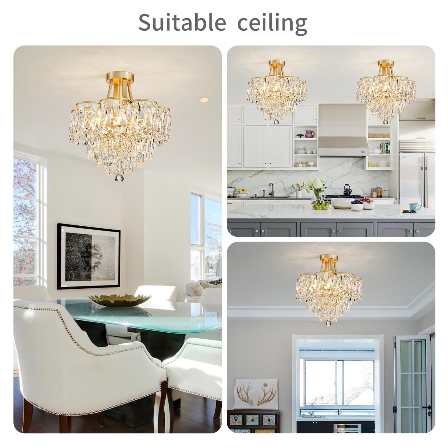 WUZUPS Crystal Chandelier Semi-Flushmount Ceiling Light Modern Lighting Fixture for Bedroom Hallway Entry Kitchen Bathroom, H 19.3" x W 18.3", E12 Base, Gold