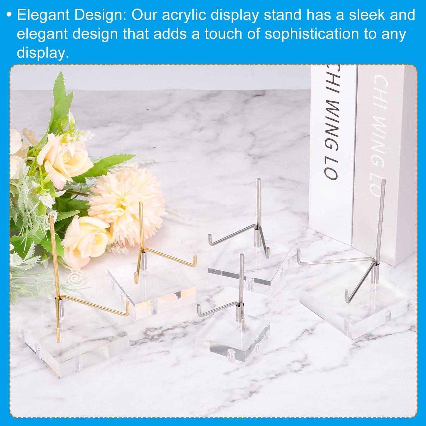 PATIKIL 2.4" x 2.4" x 1" Acrylic Display Stands, Display Easel Holder Brass Arm Crystal Display Stand for Mineral Gemstone, Clear