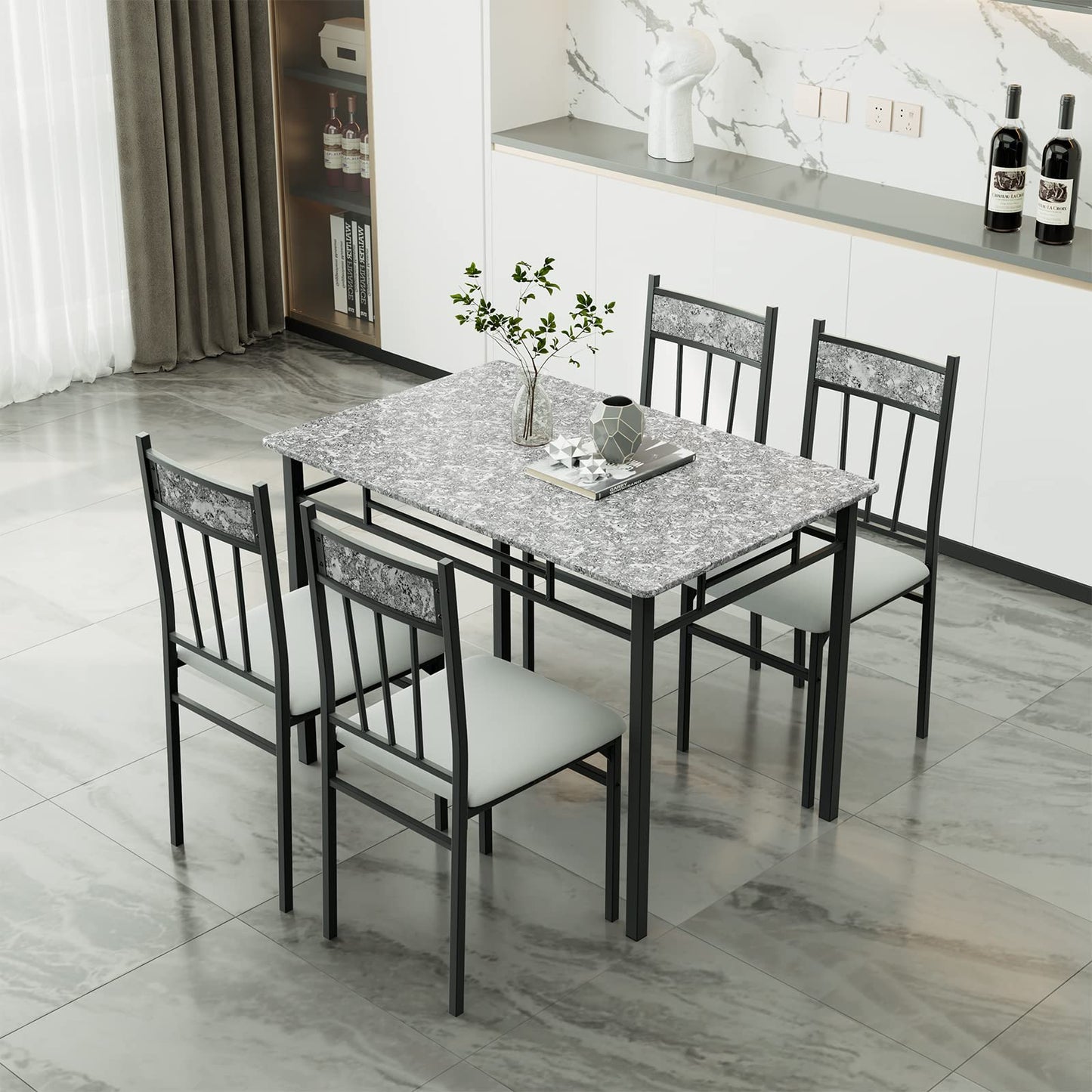 NAFORT 5 Piece Dining Table Set for 4, Faux Marble Kitchen Table and Chairs Set of 4, Vintage Rectangular Dining Room Table with Cushion Padded Seat, Metal and Wood Dining Set Kitchen Furniture, Grey