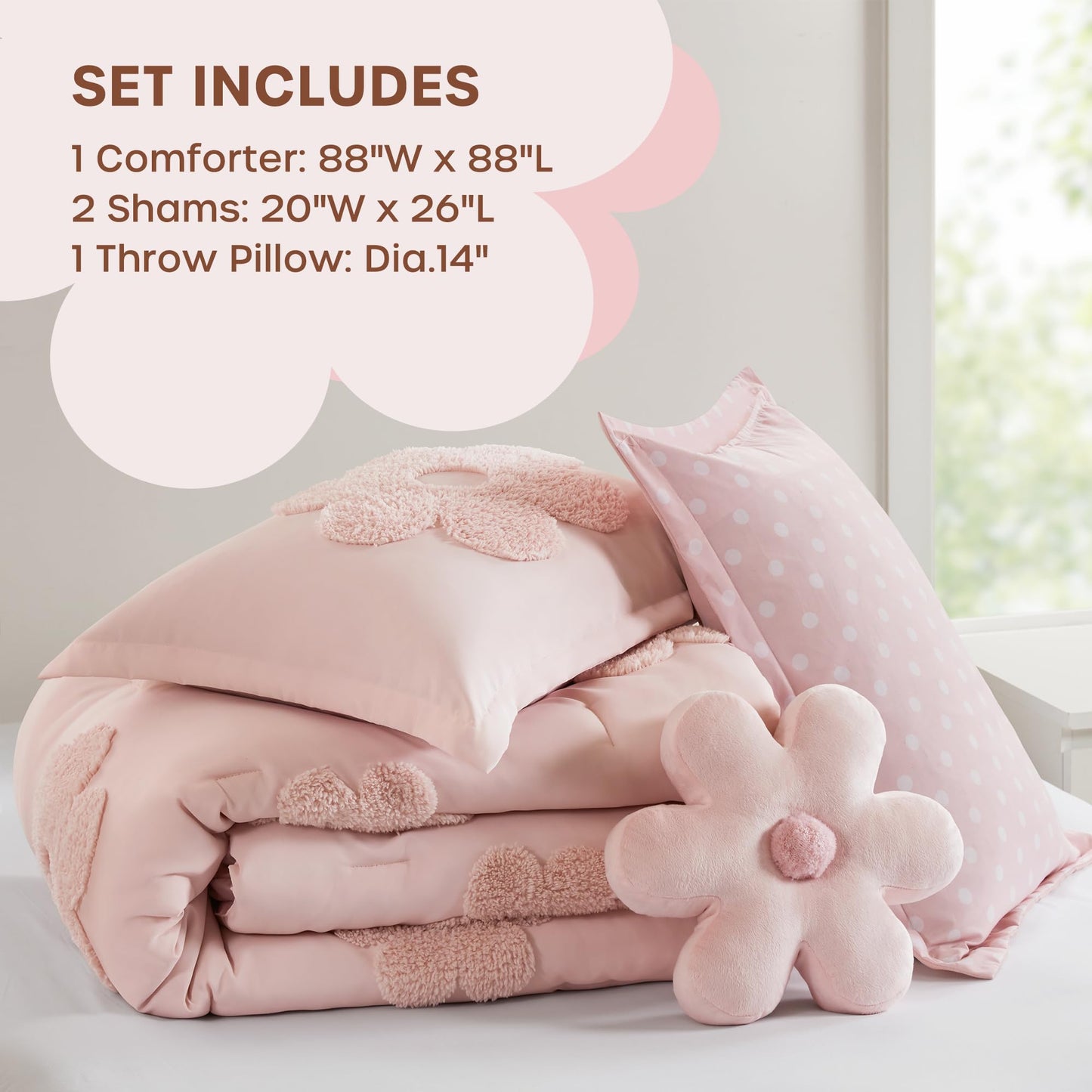Intelligent Design Kids Queen Comforter Set for Girls, Tufted Chenille Floral Comforter Set Queen, Lightweight Polka Dot Comforter Reversible Bed Set, Sham, Pillow, Gracie, Full/Queen Pink 4 Piece