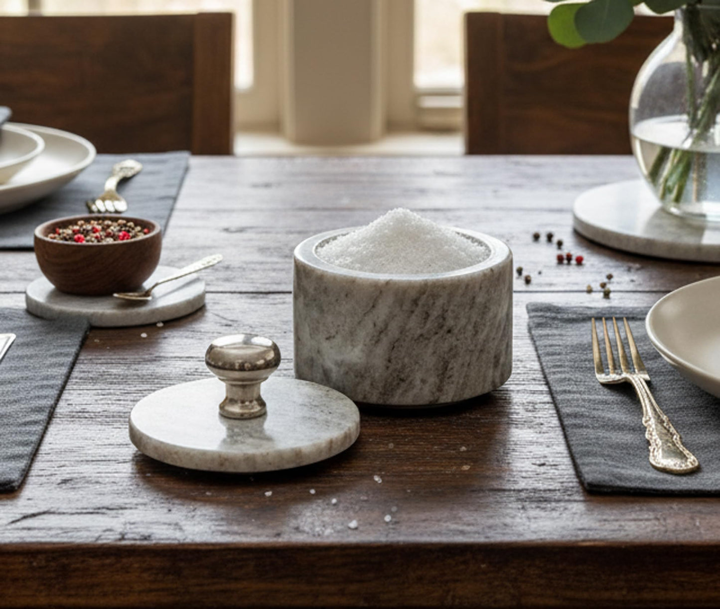 KLEO Marble Salt and Spice Holder with Lid | Small Container (2x3in) | Stone Salt Box/Canister for Kitchen and Dining | Saunf Holder (Beige)