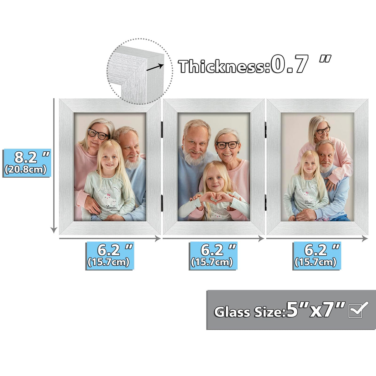 Frametory, 5x7 Triple Picture Frames 3 Photo Frames Collage - Real Glass - Engineered Wood Triple Folding Frame - Tabletop Vertical Display (Silver, 1 Pack)