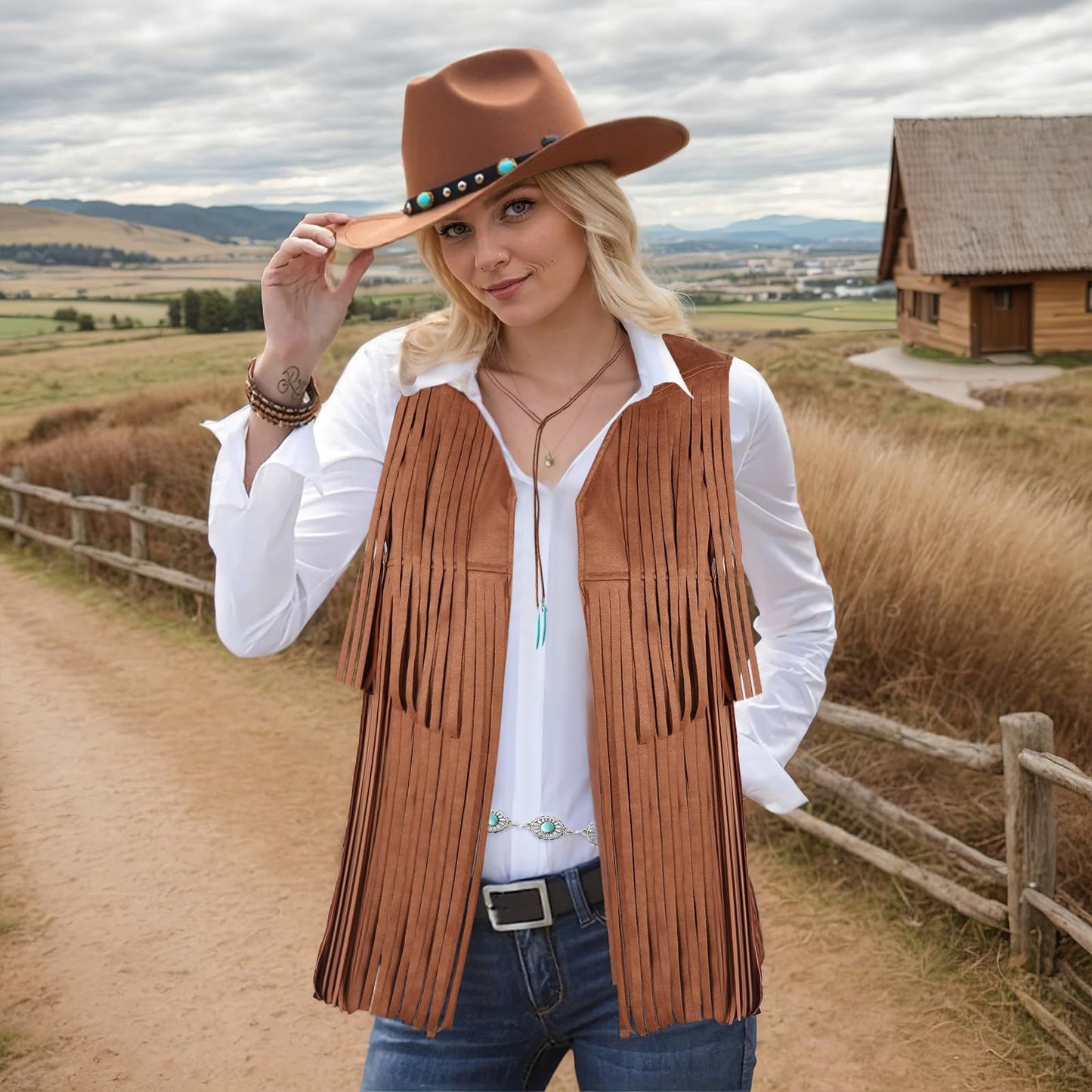 PARTTELY Western Outfits for Women Cowgirl Outfits Cowgirl Vest Boho Cowboy Hat Fringe Vest for Halloween Cosplay