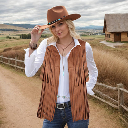 PARTTELY Western Outfits for Women Cowgirl Outfits Cowgirl Vest Boho Cowboy Hat Fringe Vest for Halloween Cosplay