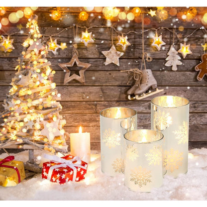GORGE MOMENT Flameless Candles with Remote, Christmas Holiday LED Flickering Candles, Snowflake Candle Glass, Battery Operated, Xmas Gift Decorations Bathroom Home Party Decor [x3]