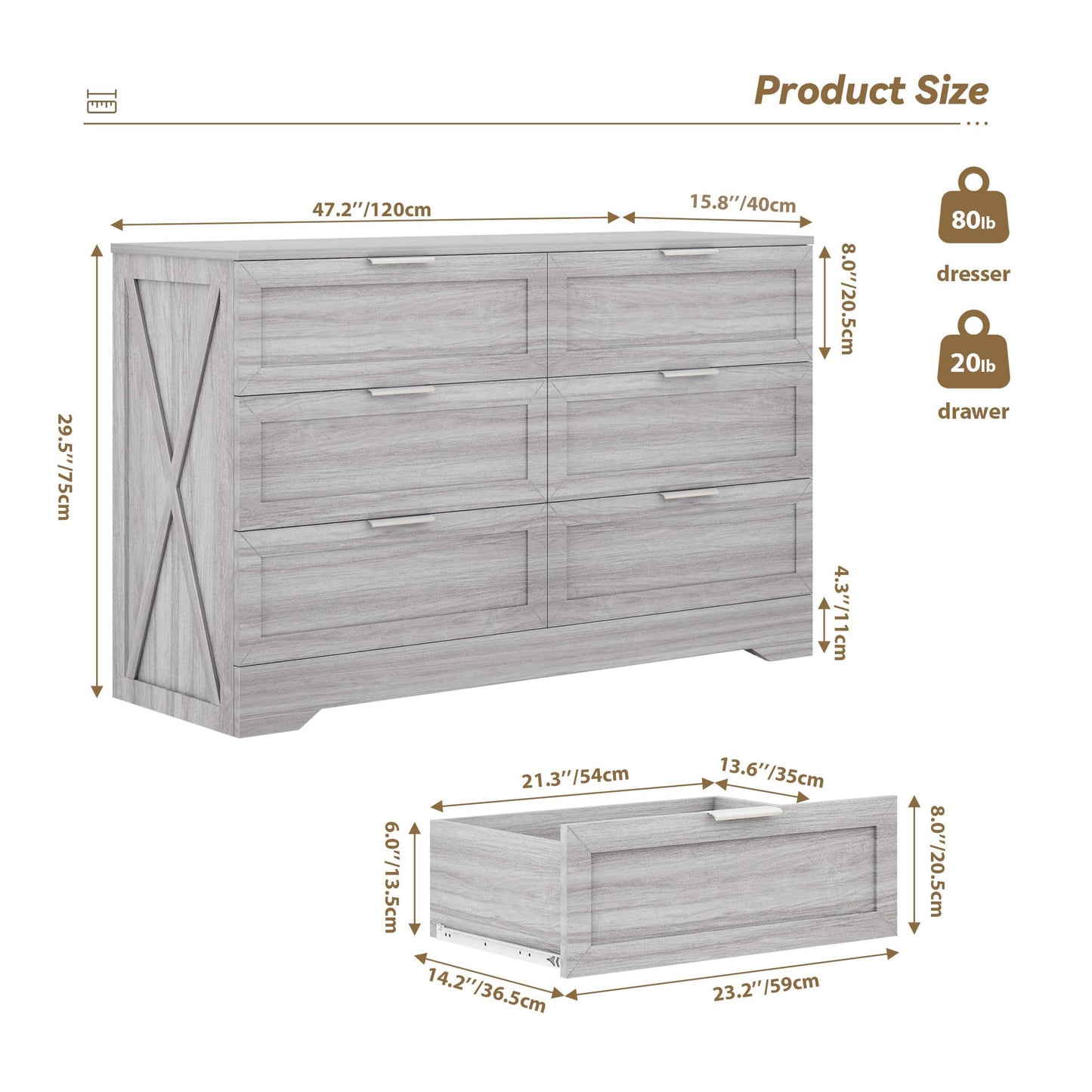FTZxHKLX Modern 6-Drawer Dresser for Bedroom, Dresser Chest of Drawer with Large Drawers & Silver Handles, Wooden Dressers Drawers Storage Unit for Bedroom, Living Room, Closet (Wash Grey)
