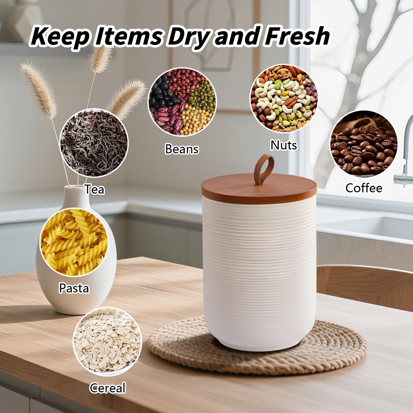 Food Storage Jar Strong Ceramic Storage Canisters with Airtight Wooden Lid,Kitchen Storage Containers for Serving Coffee Beans, Tea, Sugar, Salt, Spices (White three-piece suit)