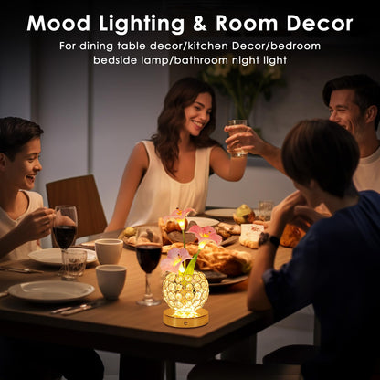 Pink Morning Glory Flowers Table Lamp, Rechargeable Cordless Touch Artificial Flower Crystal Lamp, Kitchen Bedroom Office Decor House Night Light, Birthday Gifts for Women Mom