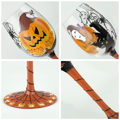 NymphFable Halloween Hand Painted Wine Glass Pumpkin Black Cat Spider Cobwebs Ghosts Unique Halloween Wine Glass for Home Party Friend (2024 Update)