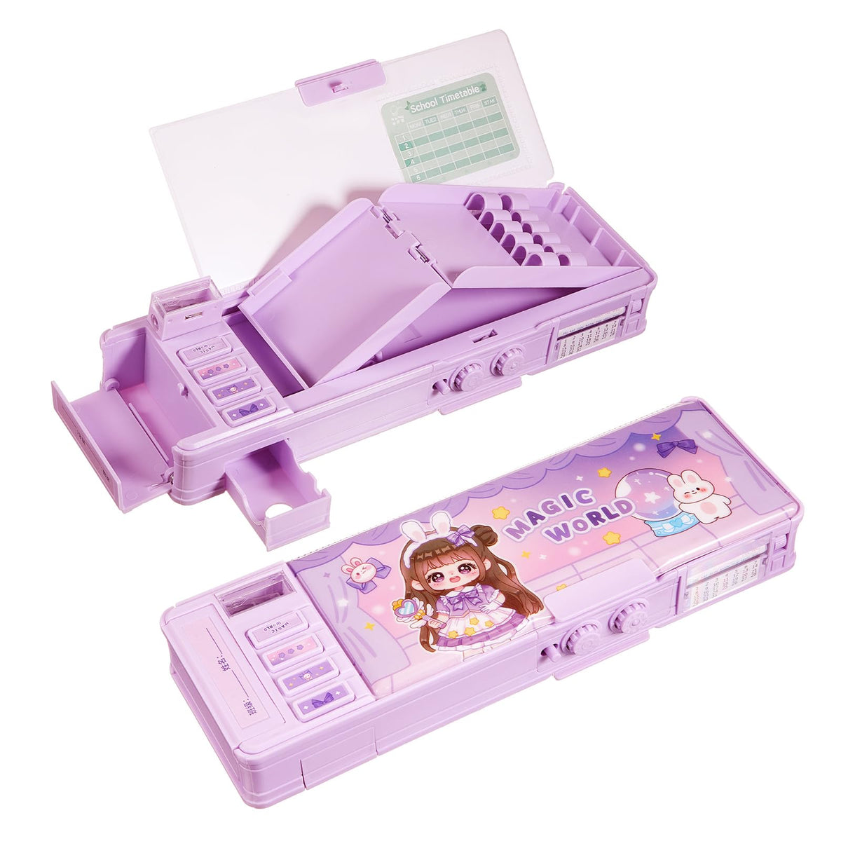 Humyoun Multifunctional Pop up Pencil Case for Girls, Cute Cartoon Pen Box Organizer with Password Lock, Sharpener, Schedule, Birthday Stationery Gifts for Kids (Purple, Magic World)