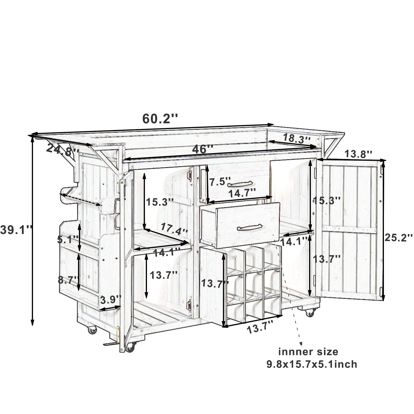 Merax 60.2''W Outdoor Kitchen Island on Wheels with Stainless Steel Top, Wood Rolling Patio Grill Cart with Storage Cabinets, Drawers, Spice Rack & Wine Rack, Outdoor Grill BBQ Prep Table, Gray