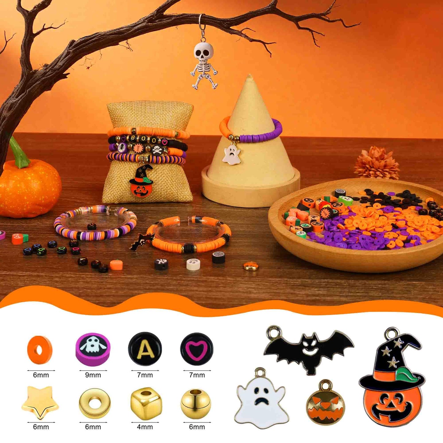 Redtwo 3000 Pcs Halloween Clay Beads for Bracelet Making Kit, Halloween Decorations Charms Jewelry Making, DIY Crafts for Gifts Party Favors